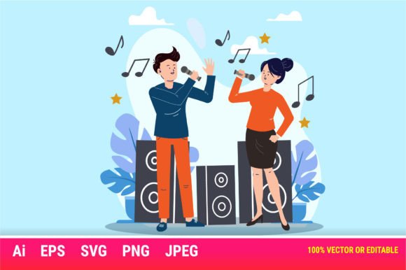 Karaoke with Partner Cartoon: Fun Graphics & Illustrations